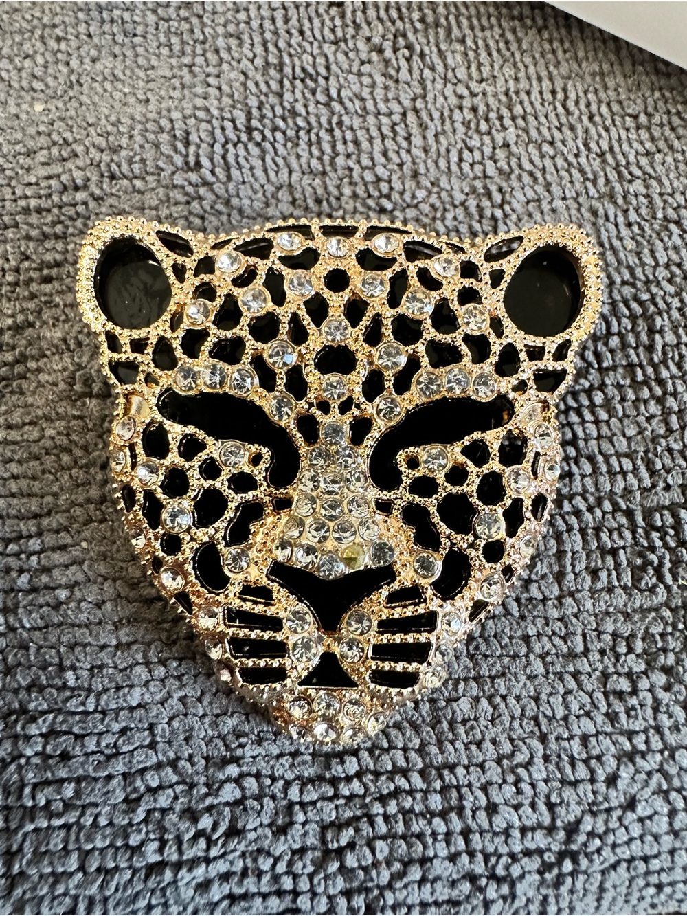 Unk Gold and Black Leopard Head Brooch with Clear Rhinestones